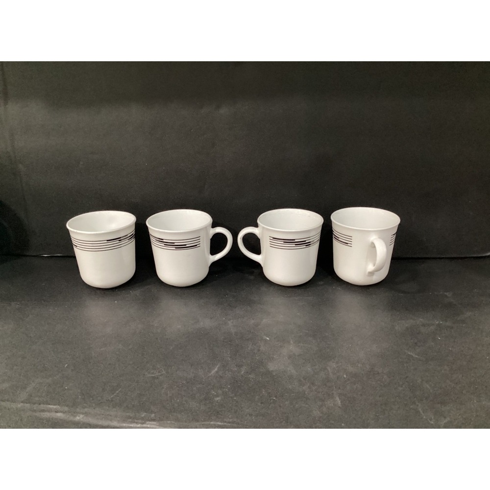 Vintage Corelle Corning Optic White Black Bands Coffee Mugs Set of 4
